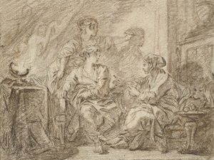 描画の発明（黒のインクで縁取られたオフホワイトの紙に茶色のチョーク） 作： François Boucher